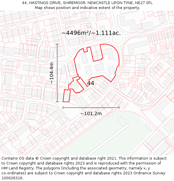 44, HASTINGS DRIVE, SHIREMOOR, NEWCASTLE UPON TYNE, NE27 0FL: Plot and title map