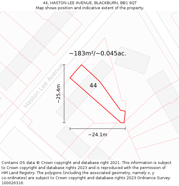 44, HASTON LEE AVENUE, BLACKBURN, BB1 9QT: Plot and title map