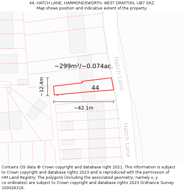 44, HATCH LANE, HARMONDSWORTH, WEST DRAYTON, UB7 0AZ: Plot and title map