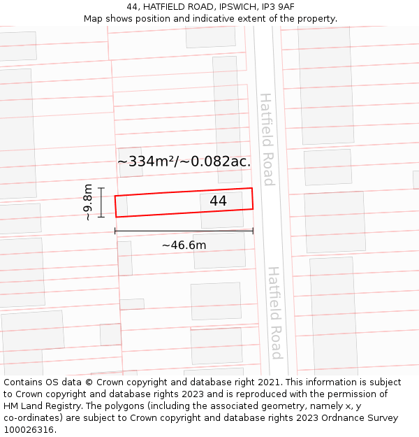 44, HATFIELD ROAD, IPSWICH, IP3 9AF: Plot and title map