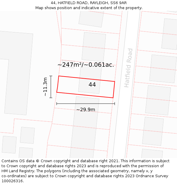 44, HATFIELD ROAD, RAYLEIGH, SS6 9AR: Plot and title map