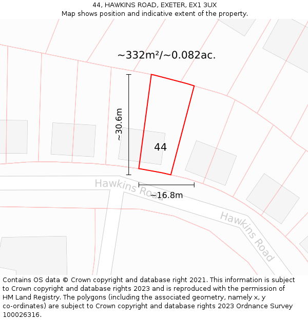 44, HAWKINS ROAD, EXETER, EX1 3UX: Plot and title map