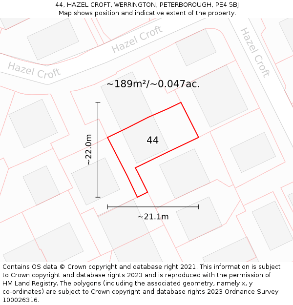 44, HAZEL CROFT, WERRINGTON, PETERBOROUGH, PE4 5BJ: Plot and title map