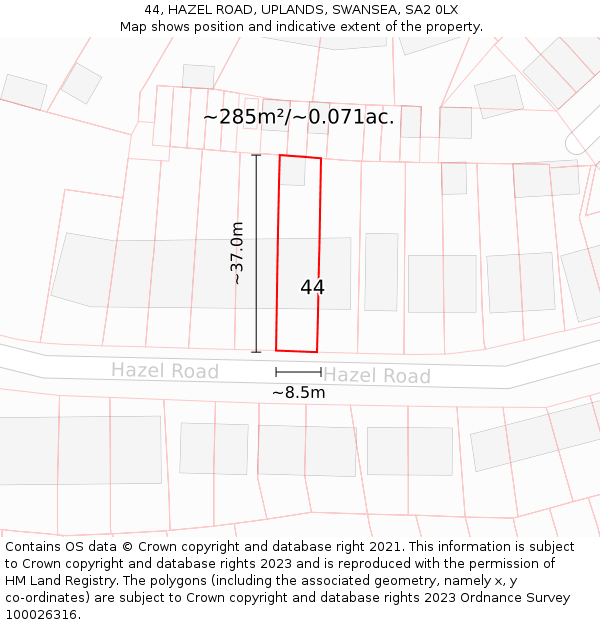 44, HAZEL ROAD, UPLANDS, SWANSEA, SA2 0LX: Plot and title map