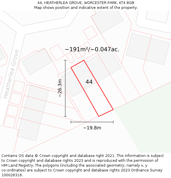 44, HEATHERLEA GROVE, WORCESTER PARK, KT4 8GB: Plot and title map