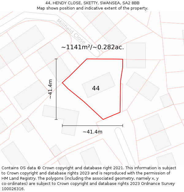 44, HENDY CLOSE, SKETTY, SWANSEA, SA2 8BB: Plot and title map