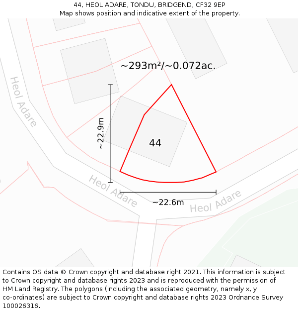 44, HEOL ADARE, TONDU, BRIDGEND, CF32 9EP: Plot and title map