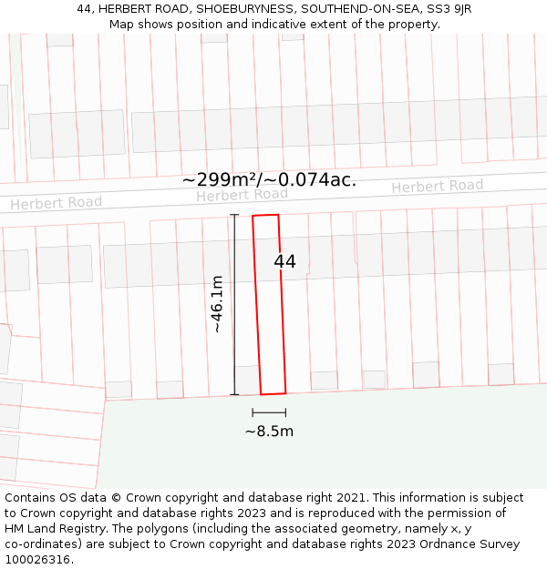 44, HERBERT ROAD, SHOEBURYNESS, SOUTHEND-ON-SEA, SS3 9JR: Plot and title map