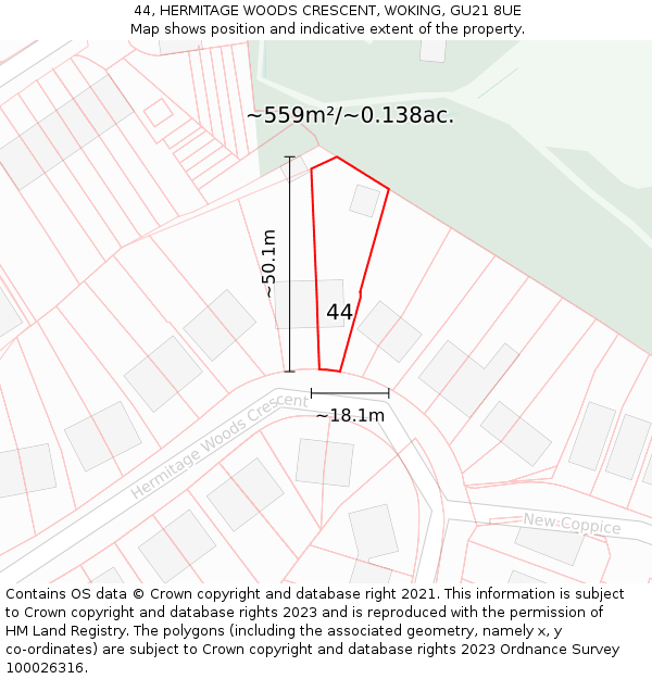 44, HERMITAGE WOODS CRESCENT, WOKING, GU21 8UE: Plot and title map