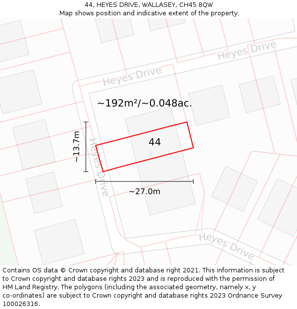 44, HEYES DRIVE, WALLASEY, CH45 8QW: Plot and title map