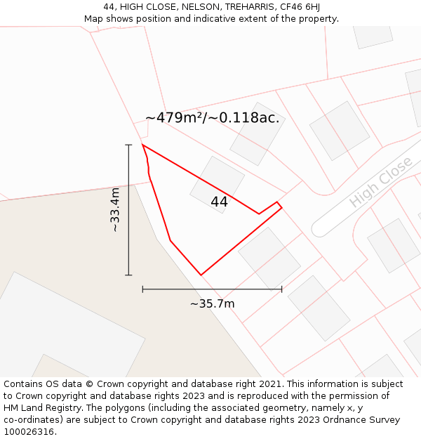 44, HIGH CLOSE, NELSON, TREHARRIS, CF46 6HJ: Plot and title map