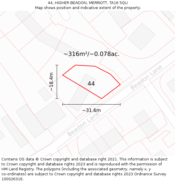 44, HIGHER BEADON, MERRIOTT, TA16 5QU: Plot and title map