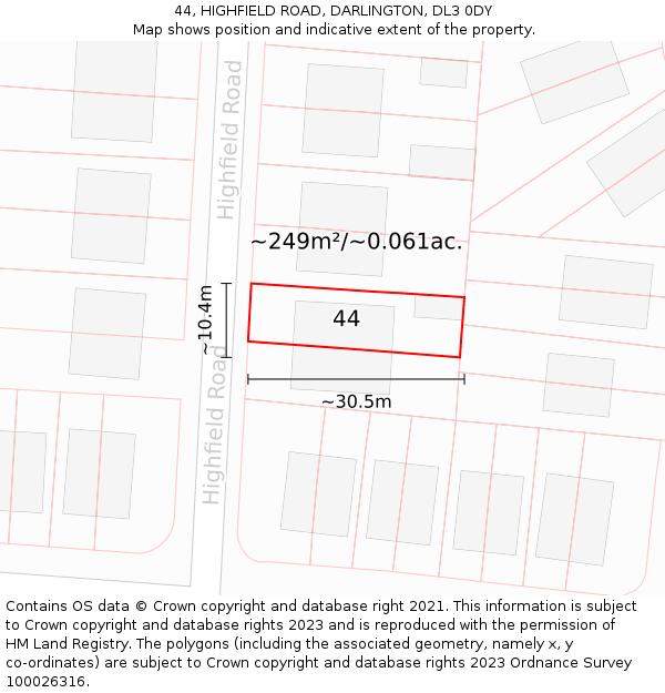 44, HIGHFIELD ROAD, DARLINGTON, DL3 0DY: Plot and title map