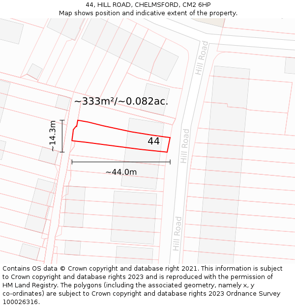 44, HILL ROAD, CHELMSFORD, CM2 6HP: Plot and title map