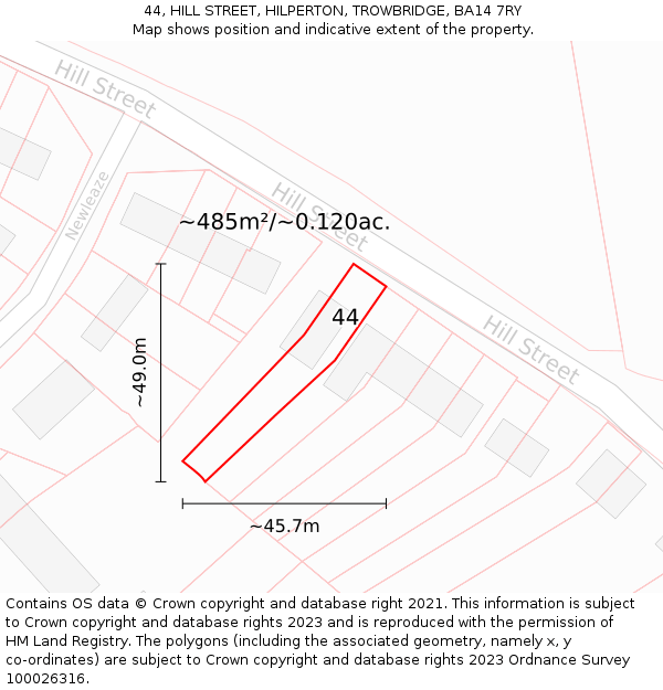 44, HILL STREET, HILPERTON, TROWBRIDGE, BA14 7RY: Plot and title map