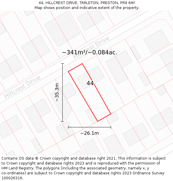 44, HILLCREST DRIVE, TARLETON, PRESTON, PR4 6AY: Plot and title map
