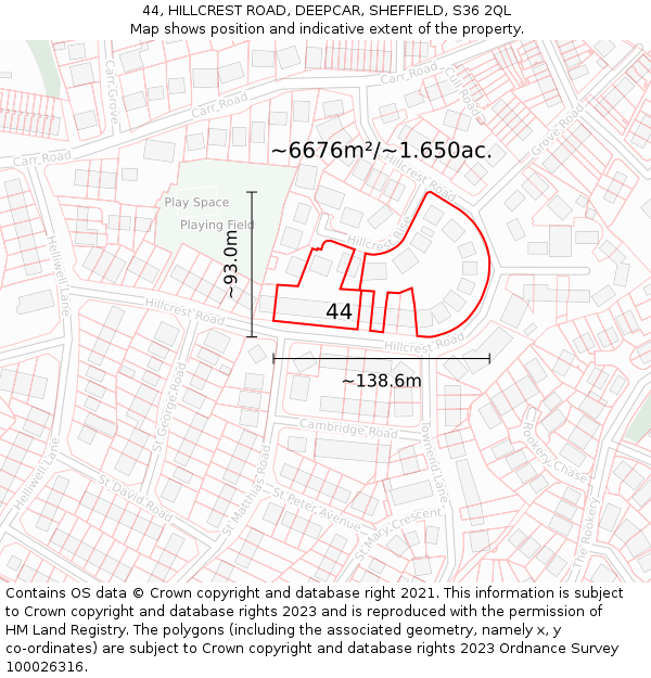 44, HILLCREST ROAD, DEEPCAR, SHEFFIELD, S36 2QL: Plot and title map