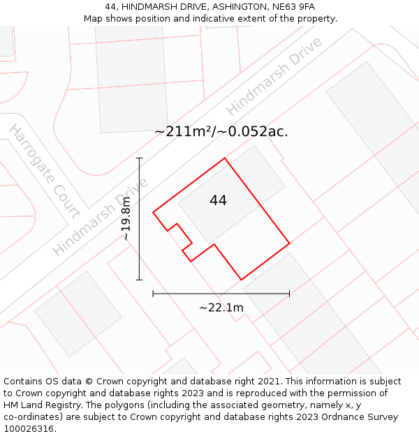 44, HINDMARSH DRIVE, ASHINGTON, NE63 9FA: Plot and title map