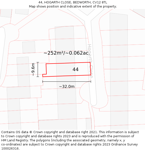 44, HOGARTH CLOSE, BEDWORTH, CV12 8TL: Plot and title map