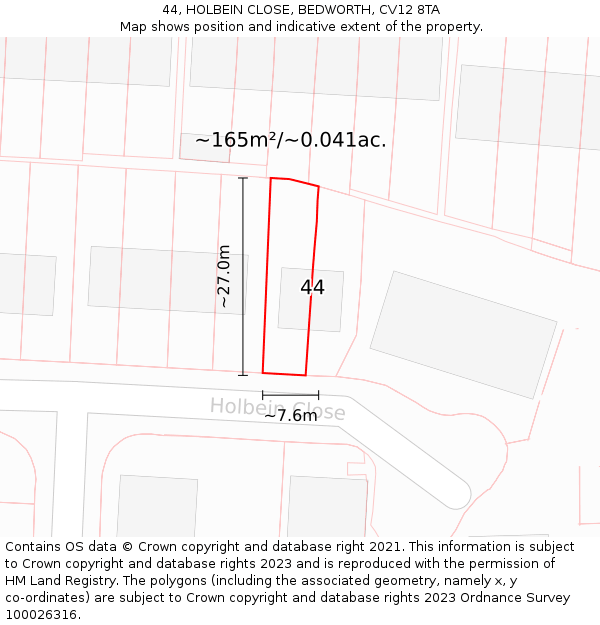 44, HOLBEIN CLOSE, BEDWORTH, CV12 8TA: Plot and title map