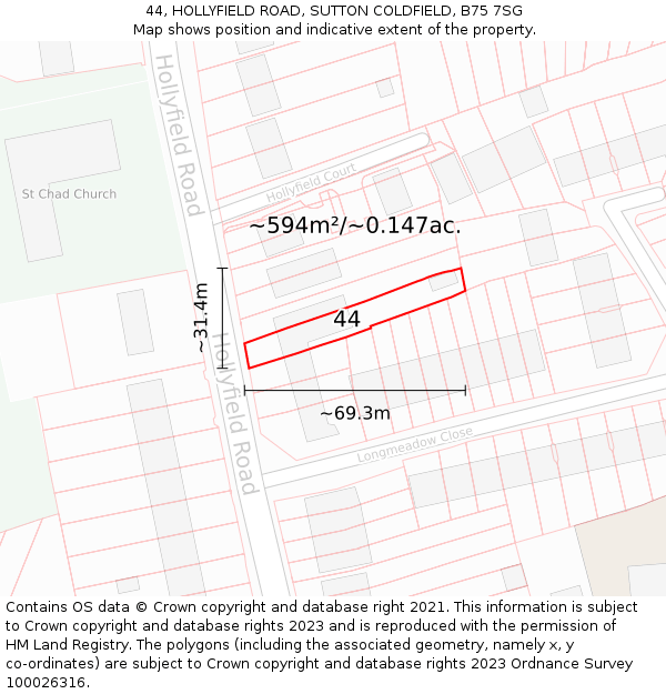 44, HOLLYFIELD ROAD, SUTTON COLDFIELD, B75 7SG: Plot and title map