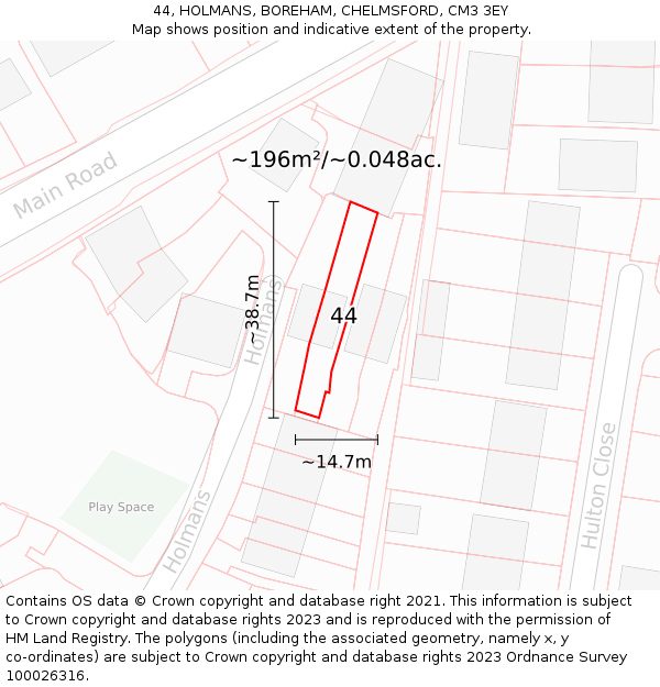 44, HOLMANS, BOREHAM, CHELMSFORD, CM3 3EY: Plot and title map