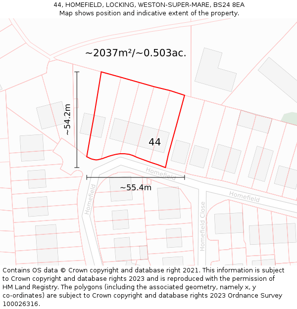 44, HOMEFIELD, LOCKING, WESTON-SUPER-MARE, BS24 8EA: Plot and title map