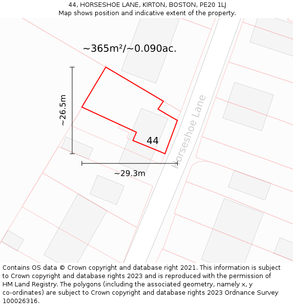 44, HORSESHOE LANE, KIRTON, BOSTON, PE20 1LJ: Plot and title map