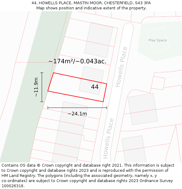 44, HOWELLS PLACE, MASTIN MOOR, CHESTERFIELD, S43 3FA: Plot and title map