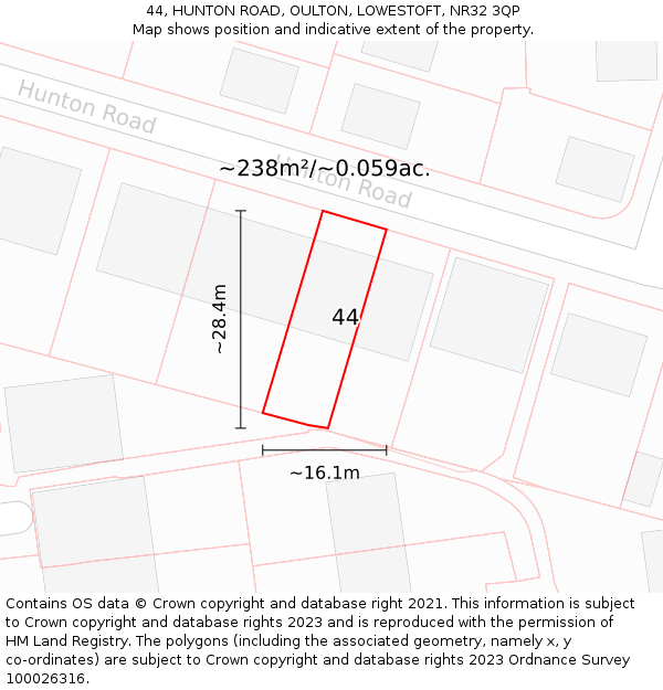 44, HUNTON ROAD, OULTON, LOWESTOFT, NR32 3QP: Plot and title map