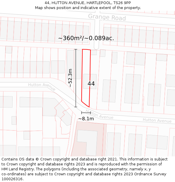 44, HUTTON AVENUE, HARTLEPOOL, TS26 9PP: Plot and title map