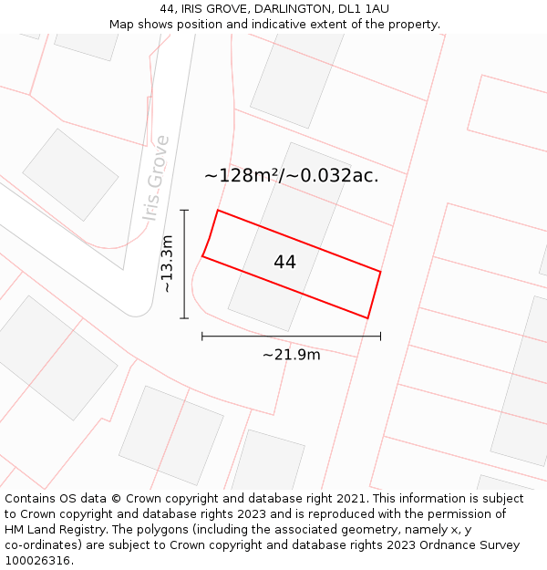 44, IRIS GROVE, DARLINGTON, DL1 1AU: Plot and title map