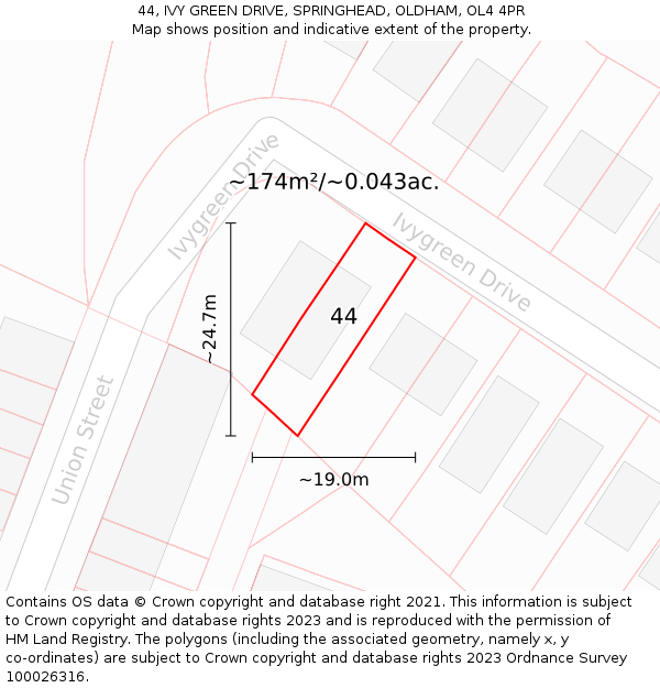 44, IVY GREEN DRIVE, SPRINGHEAD, OLDHAM, OL4 4PR: Plot and title map
