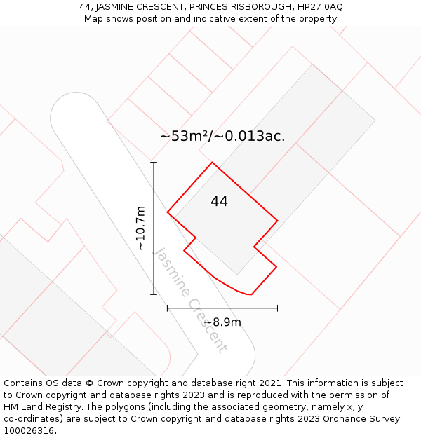 44, JASMINE CRESCENT, PRINCES RISBOROUGH, HP27 0AQ: Plot and title map