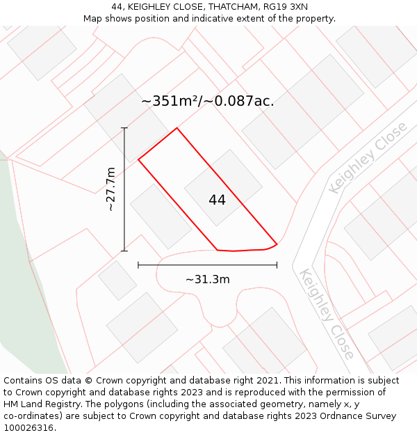 44, KEIGHLEY CLOSE, THATCHAM, RG19 3XN: Plot and title map