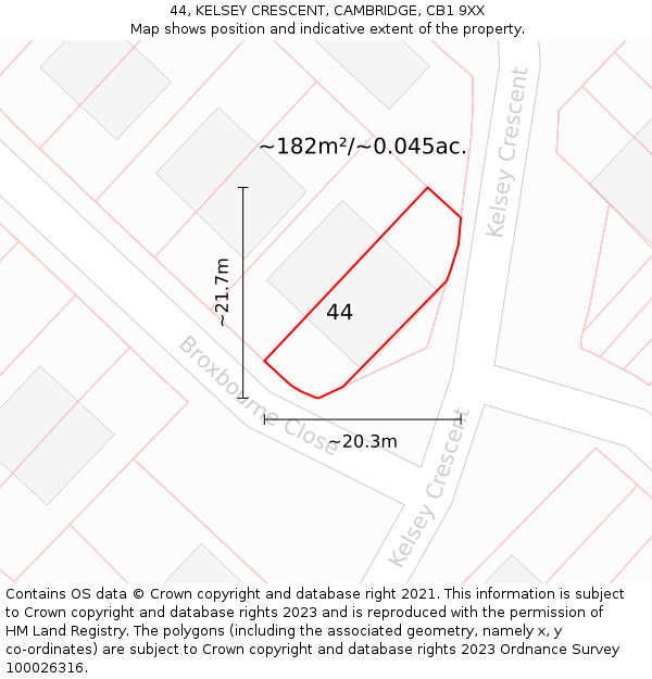 44, KELSEY CRESCENT, CAMBRIDGE, CB1 9XX: Plot and title map