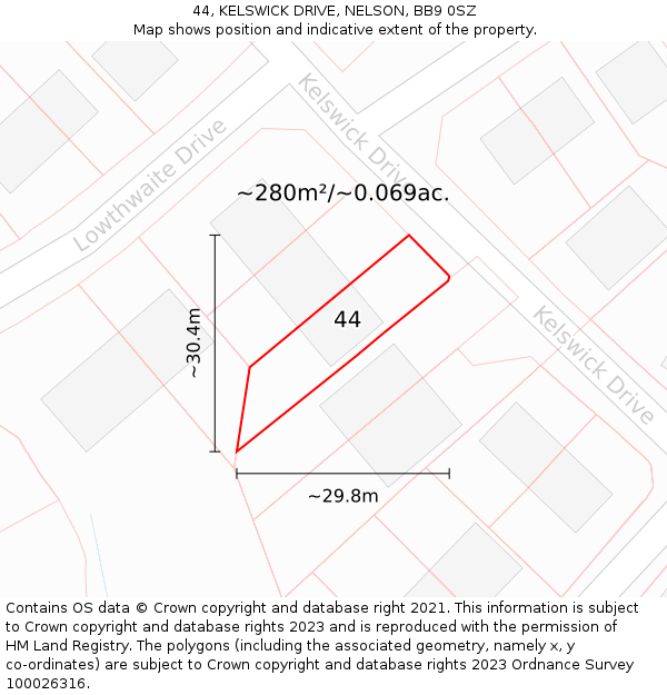 44, KELSWICK DRIVE, NELSON, BB9 0SZ: Plot and title map