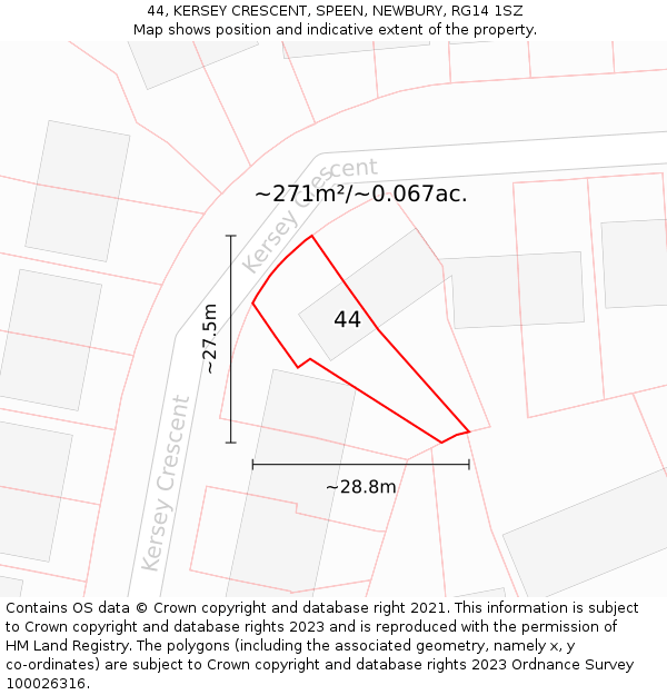 44, KERSEY CRESCENT, SPEEN, NEWBURY, RG14 1SZ: Plot and title map