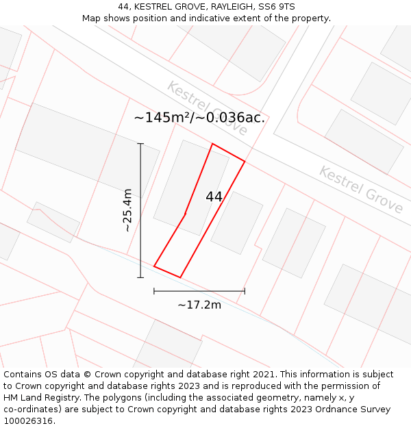 44, KESTREL GROVE, RAYLEIGH, SS6 9TS: Plot and title map