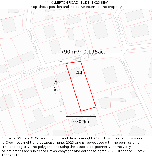 44, KILLERTON ROAD, BUDE, EX23 8EW: Plot and title map