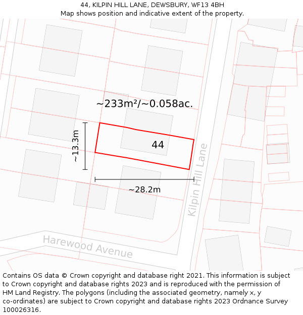 44, KILPIN HILL LANE, DEWSBURY, WF13 4BH: Plot and title map