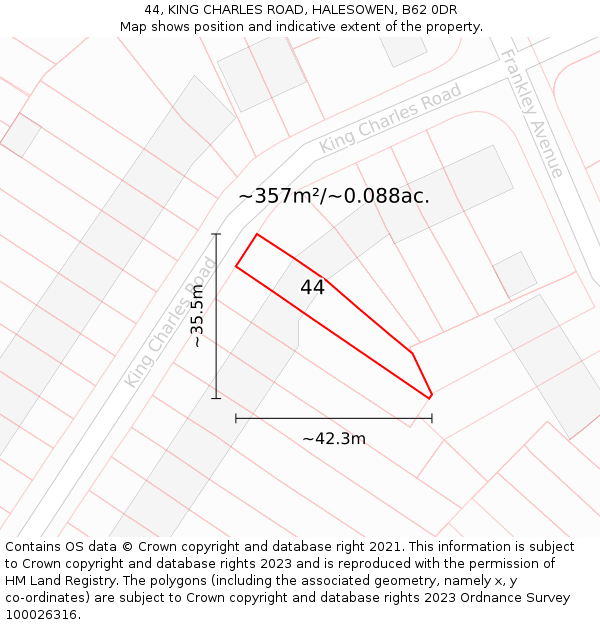 44, KING CHARLES ROAD, HALESOWEN, B62 0DR: Plot and title map