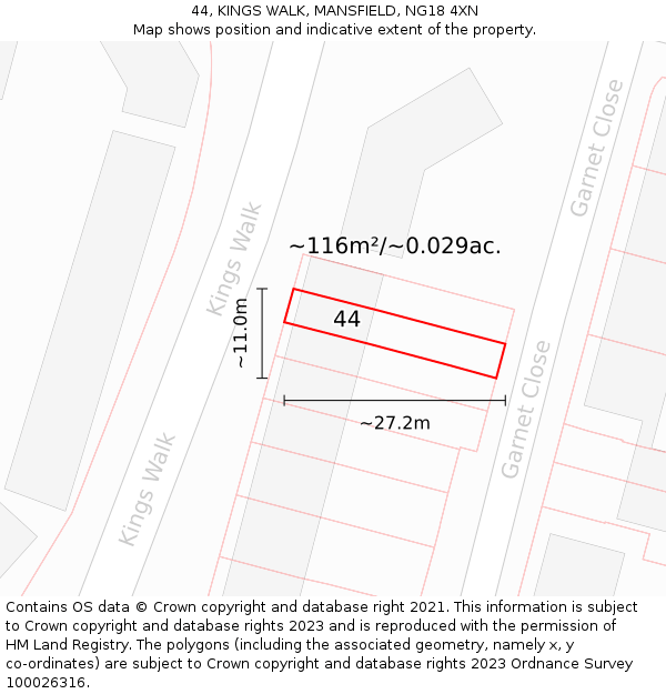 44, KINGS WALK, MANSFIELD, NG18 4XN: Plot and title map