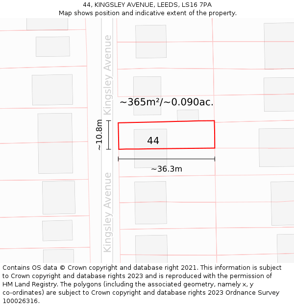 44, KINGSLEY AVENUE, LEEDS, LS16 7PA: Plot and title map