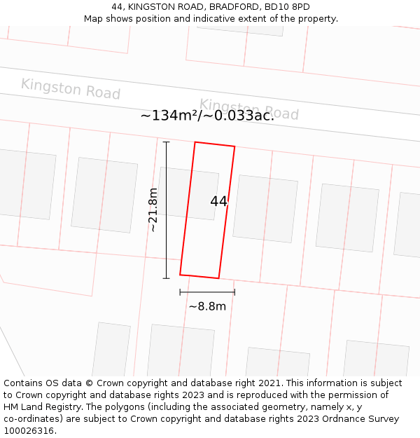 44, KINGSTON ROAD, BRADFORD, BD10 8PD: Plot and title map