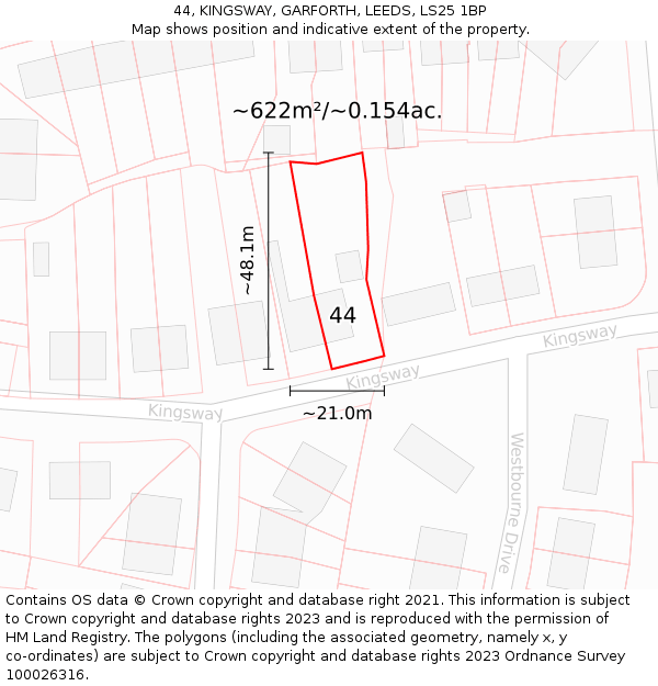 44, KINGSWAY, GARFORTH, LEEDS, LS25 1BP: Plot and title map