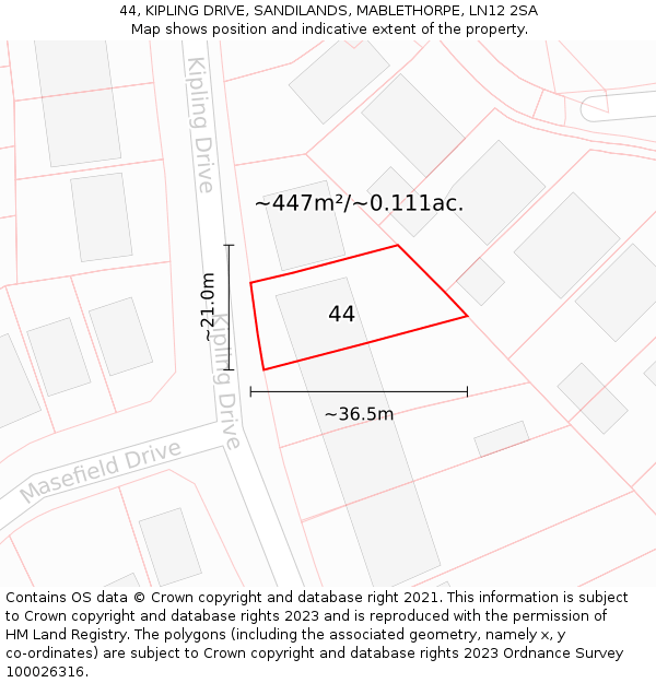 44, KIPLING DRIVE, SANDILANDS, MABLETHORPE, LN12 2SA: Plot and title map