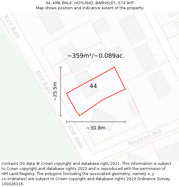 44, KIRK BALK, HOYLAND, BARNSLEY, S74 9HT: Plot and title map