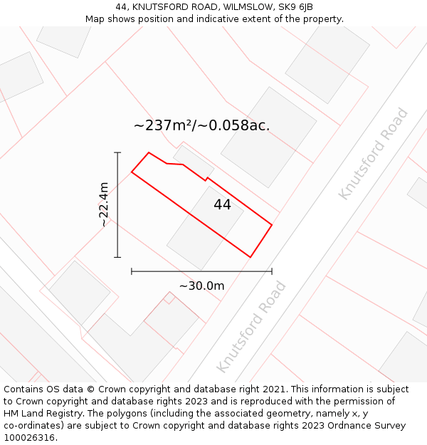 44, KNUTSFORD ROAD, WILMSLOW, SK9 6JB: Plot and title map
