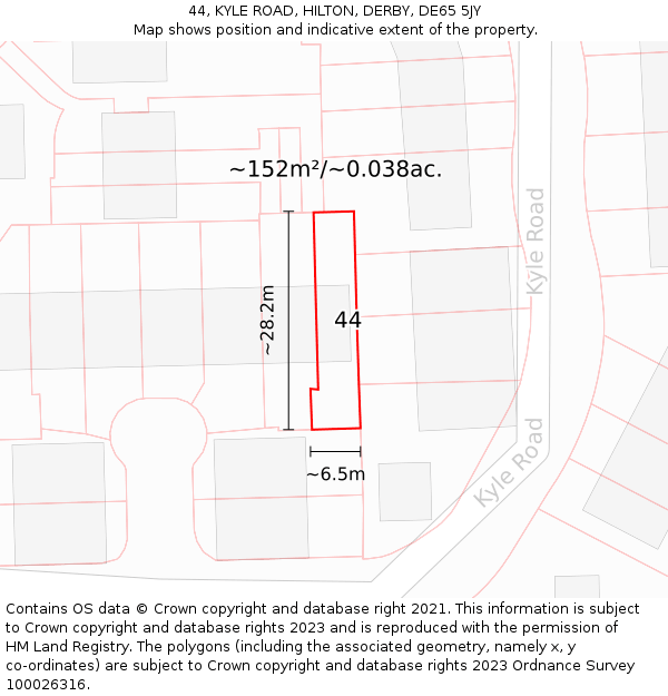 44, KYLE ROAD, HILTON, DERBY, DE65 5JY: Plot and title map